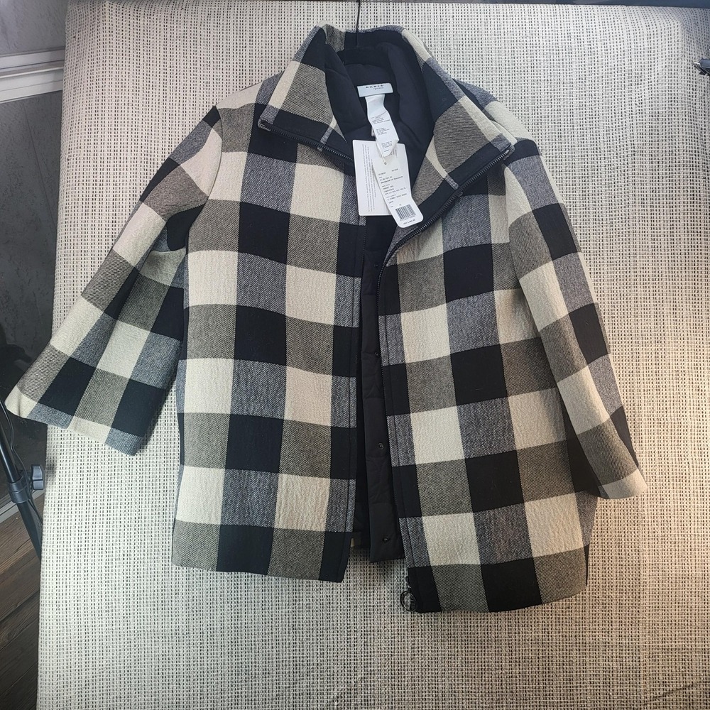 Akris Coat Womens 10‎ Black White Buffalo Check Water Repellent Removable Liner